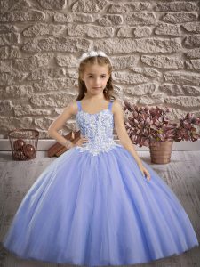 Great Straps Sleeveless Pageant Dress for Teens Sweep Train Appliques Lavender Tulle