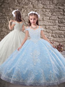 Sleeveless Beading and Appliques Lace Up Little Girl Pageant Dress with Light Blue Sweep Train