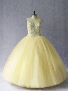 Floor Length Lace Up Sweet 16 Dress Light Yellow for Sweet 16 and Quinceanera with Beading