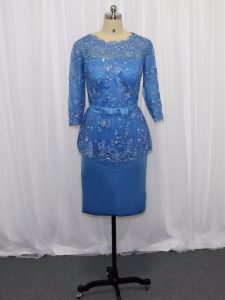 Dramatic Blue Satin Zipper Scoop Long Sleeves Mini Length Evening Dress Lace and Appliques