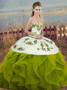 Floor Length Olive Green Sweet 16 Dresses Tulle Sleeveless Embroidery and Ruffles and Bowknot