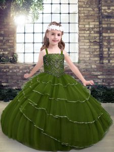 Floor Length Lace Up Little Girls Pageant Dress Wholesale Olive Green for Party and Military Ball and Wedding Party with