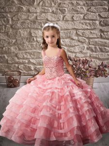 Custom Fit Watermelon Red Straps Neckline Beading and Ruffled Layers Little Girl Pageant Gowns Sleeveless Lace Up
