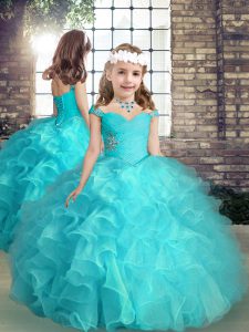 Aqua Blue Organza Lace Up Straps Sleeveless High Low Pageant Dress Toddler Beading and Ruffles