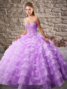 Sweetheart Sleeveless Brush Train Lace Up 15 Quinceanera Dress Lavender Organza