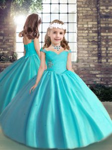 Straps Sleeveless Lace Up Little Girls Pageant Gowns Baby Blue Tulle