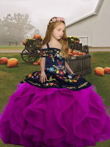 Sleeveless Tulle High Low Lace Up Kids Pageant Dress in Fuchsia with Embroidery and Ruffles