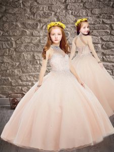 Lovely Sleeveless Tulle Brush Train Lace Up Little Girl Pageant Dress in Pink with Beading