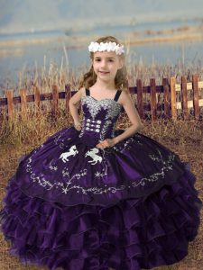 Custom Designed Embroidery and Ruffled Layers Girls Pageant Dresses Purple Lace Up Sleeveless Floor Length