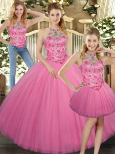 Designer Rose Pink Three Pieces Tulle Halter Top Sleeveless Embroidery Floor Length Lace Up Quinceanera Dress