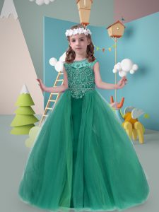 Beading Little Girls Pageant Dress Turquoise Zipper Sleeveless Sweep Train