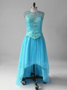 Custom Made Aqua Blue Sleeveless Beading High Low Prom Dresses