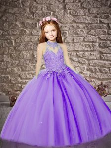 Lavender Tulle Lace Up Kids Pageant Dress Sleeveless Brush Train Appliques