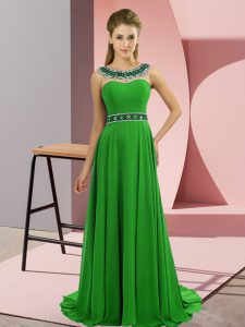 Fine Green Sleeveless Brush Train Beading Prom Dresses