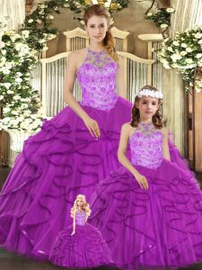 Sleeveless Tulle Floor Length Lace Up Quinceanera Dress in Purple with Beading and Ruffles