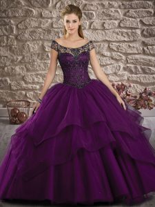 Graceful Lace and Ruffled Layers Quinceanera Gowns Purple Lace Up Sleeveless Brush Train