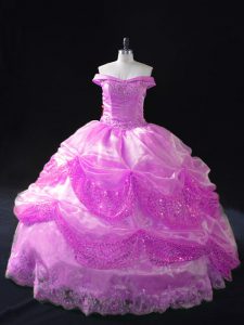 Designer Lilac Ball Gowns Off The Shoulder Sleeveless Organza Floor Length Lace Up Beading and Appliques and Pick Ups Qu