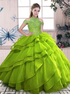 Trendy Organza High-neck Sleeveless Lace Up Beading and Ruffled Layers Sweet 16 Dress in Olive Green
