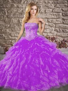 Unique Purple Organza and Lace Lace Up Quinceanera Dress Sleeveless Brush Train Beading and Ruffles