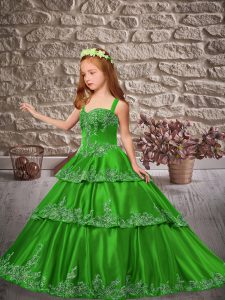 Green Sleeveless Brush Train Appliques and Ruffled Layers Little Girls Pageant Dress Wholesale