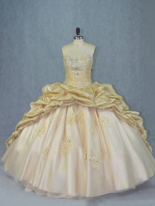 Sleeveless Beading and Appliques Lace Up Sweet 16 Quinceanera Dress with Champagne Brush Train