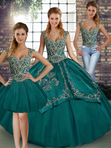 Beading and Embroidery Sweet 16 Dresses Teal Lace Up Sleeveless Floor Length
