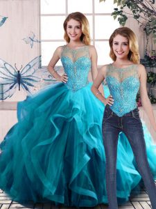 Cheap Aqua Blue Tulle Lace Up Quinceanera Gowns Sleeveless Floor Length Beading and Ruffles