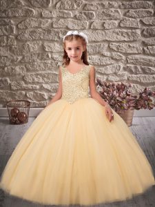 Tulle Sleeveless Little Girls Pageant Gowns Sweep Train and Beading
