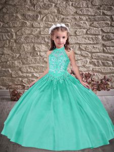 Turquoise Evening Gowns Satin Sweep Train Sleeveless Beading and Appliques