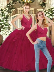 Smart Floor Length Red Quinceanera Dresses Tulle Sleeveless Ruffles