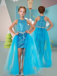 High Low Baby Blue Child Pageant Dress Scoop Sleeveless Zipper