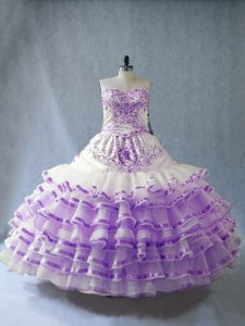 Floor Length Lace Up Quinceanera Dress White And Purple for Sweet 16 and Quinceanera with Embroidery and Ruffled Layers 