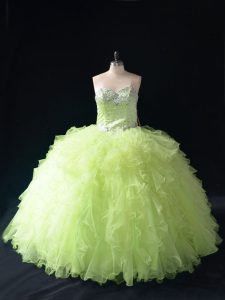 Yellow Green Quince Ball Gowns Sweet 16 and Quinceanera with Beading and Ruffles Sweetheart Sleeveless Lace Up
