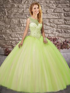 Sleeveless Brush Train Backless Beading Quince Ball Gowns