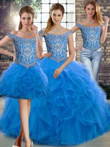 Blue Off The Shoulder Lace Up Beading and Ruffles 15 Quinceanera Dress Brush Train Sleeveless