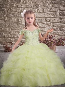 Low Price Yellow Green Ball Gowns Off The Shoulder Sleeveless Tulle Brush Train Lace Up Beading and Lace and Pick Ups Gi
