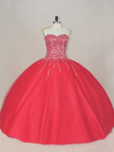 Coral Red Sweetheart Lace Up Beading Quince Ball Gowns Sleeveless
