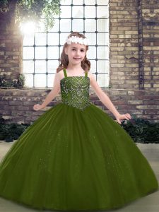 Ball Gowns Evening Gowns Olive Green Straps Tulle Sleeveless Floor Length Lace Up