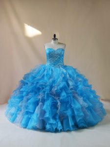 Adorable Baby Blue Sleeveless Beading and Ruffles Floor Length Quince Ball Gowns