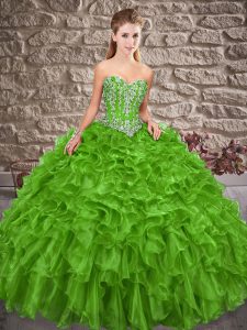 Green Organza Lace Up Quinceanera Gown Sleeveless Brush Train Beading and Ruffles