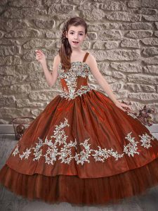 Rust Red Lace Up Straps Appliques Little Girls Pageant Dress Wholesale Taffeta Sleeveless