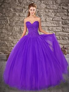 Lovely Purple Lace Up Sweetheart Embroidery Quinceanera Dress Tulle Sleeveless Brush Train