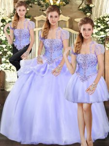 Dynamic Strapless Sleeveless Lace Up Quinceanera Gowns Lavender Organza