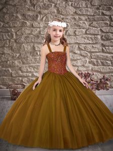 Floor Length Ball Gowns Sleeveless Brown Little Girl Pageant Gowns Lace Up