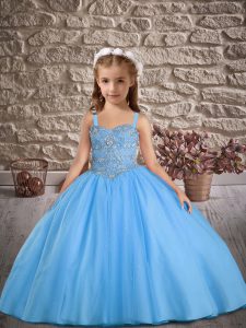 Custom Designed Baby Blue Kids Formal Wear Wedding Party with Beading Straps Sleeveless Sweep Train Lace Up