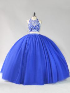 Royal Blue Backless Halter Top Beading 15 Quinceanera Dress Tulle Sleeveless