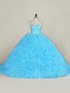 Baby Blue Ball Gowns Organza Sweetheart Sleeveless Beading and Ruffles Floor Length Lace Up Quinceanera Dresses Court Tr