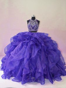 Purple Two Pieces Beading and Ruffles Ball Gown Prom Dress Backless Organza Sleeveless