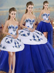 Royal Blue Ball Gowns Embroidery and Bowknot Sweet 16 Dress Lace Up Tulle Sleeveless Floor Length