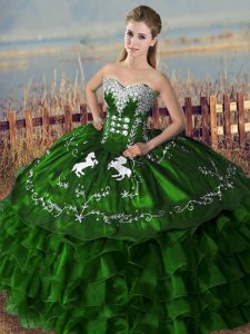 Fitting Sleeveless Satin and Organza Floor Length Lace Up Quinceanera Dress in Green with Embroidery and Ruffles